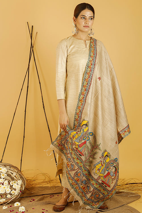Radha Krishna Love Tussar Silk Madhubani Dupatta Online