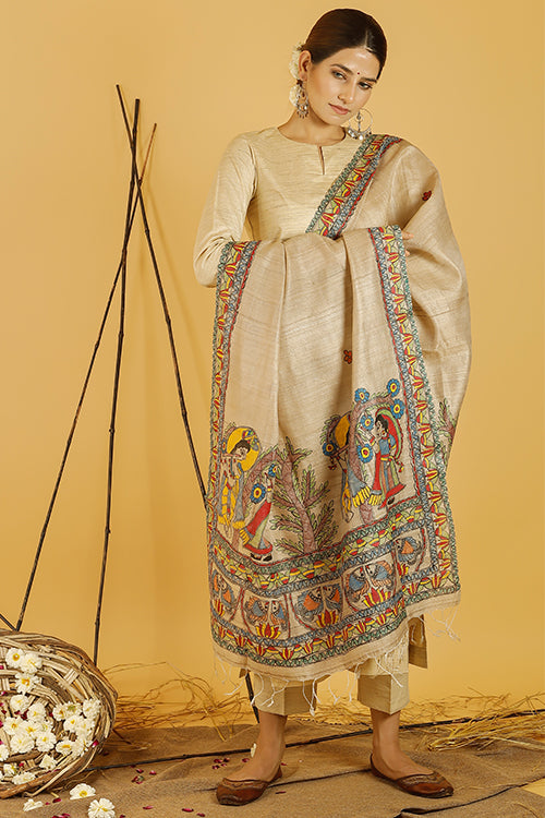 Radha Krishna Love Tussar Silk Madhubani Dupatta Online
