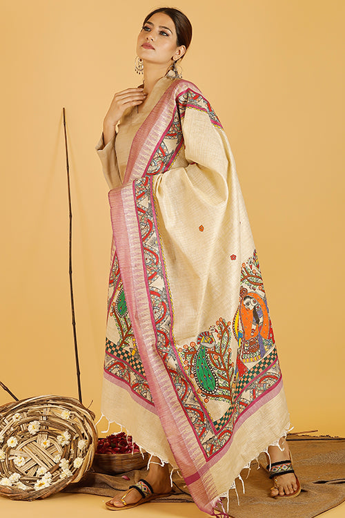Madhubani Paints 'Krishna Radha Leela' Madhubani Handpainted Pure Handloom Cotton Dupatta