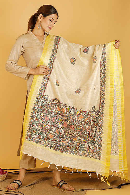 Madhubani Paints 'Mithila Kohbar' Madhubani Handpainted Pure Handloom Cotton Dupatta