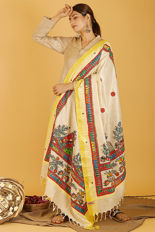 Madhubani Paints 'Gopi' Madhubani Handpainted Pure Handloom Cotton Dupatta