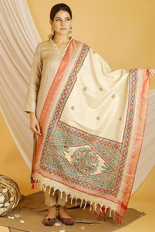 Madhubani Paints 'Mithila Border' Madhubani Handpainted Pure Handloom Cotton Dupatta