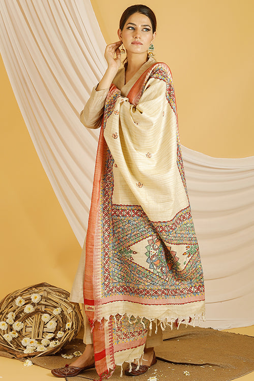 Madhubani Paints 'Mithila Border' Madhubani Handpainted Pure Handloom Cotton Dupatta