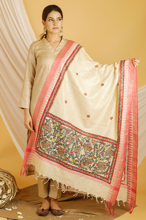 Madhubani Paints 'Surmai Pond' Madhubani Handpainted Pure Handloom Cotton Dupatta