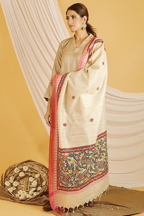 Madhubani Paints 'Surmai Pond' Madhubani Handpainted Pure Handloom Cotton Dupatta