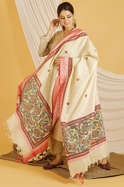 Madhubani Paints 'Surmai Pond' Madhubani Handpainted Pure Handloom Cotton Dupatta