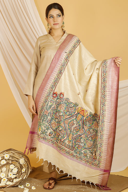 Madhubani Paints 'Kohbar' Madhubani Handpainted Pure Handloom Cotton Dupatta