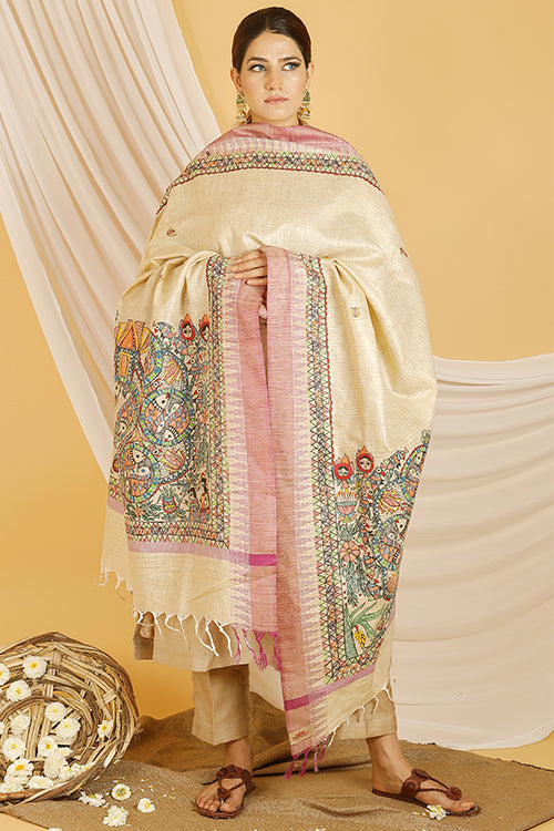 Madhubani Paints 'Kohbar' Madhubani Handpainted Pure Handloom Cotton Dupatta