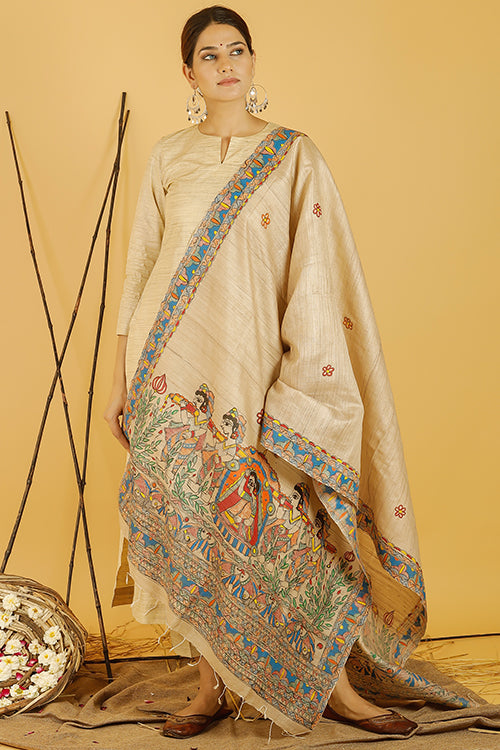 Madhubani Paints 'Mithila Doli' Madhubani Handpainted Pure Handwoven Tussar Silk Dupatta