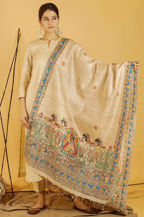 Madhubani Paints 'Mithila Doli' Madhubani Handpainted Pure Handwoven Tussar Silk Dupatta