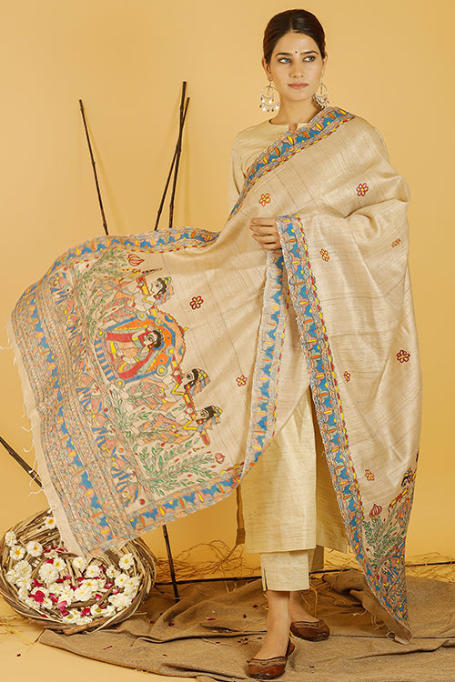 Madhubani Paints 'Mithila Doli' Madhubani Handpainted Pure Handwoven Tussar Silk Dupatta