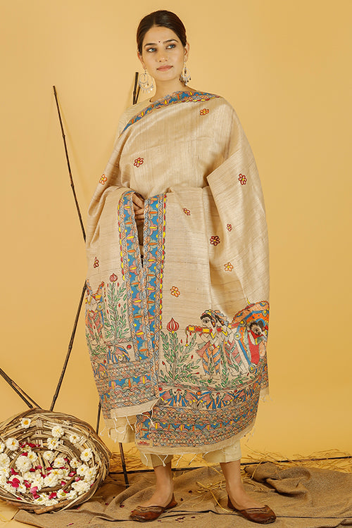 Madhubani Paints 'Mithila Doli' Madhubani Handpainted Pure Handwoven Tussar Silk Dupatta