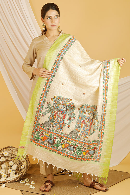 Madhubani Paints 'Lady In Garden' Madhubani Handpainted Pure Handloom Cotton Dupatta
