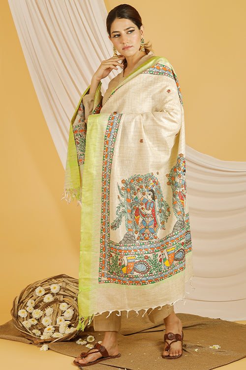 Madhubani Paints 'Lady In Garden' Madhubani Handpainted Pure Handloom Cotton Dupatta