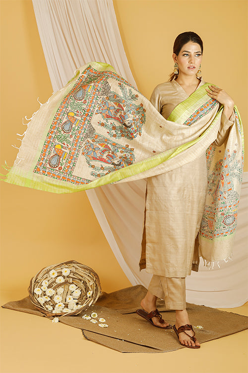 Madhubani Paints 'Lady In Garden' Madhubani Handpainted Pure Handloom Cotton Dupatta
