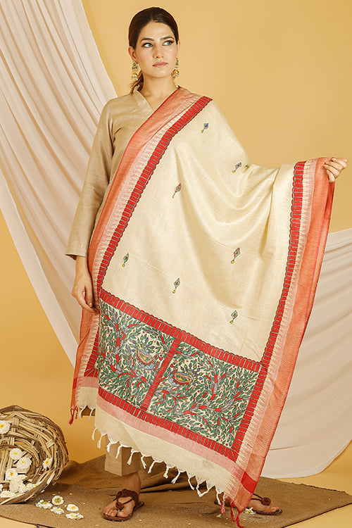 Madhubani Paints 'Mayuri' Madhubani Handpainted Pure Handloom Cotton Dupatta