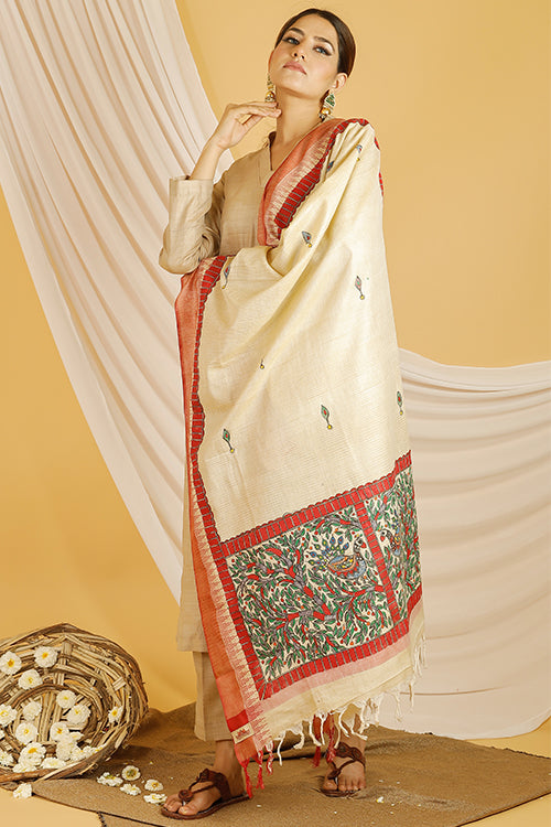 Madhubani Paints 'Mayuri' Madhubani Handpainted Pure Handloom Cotton Dupatta