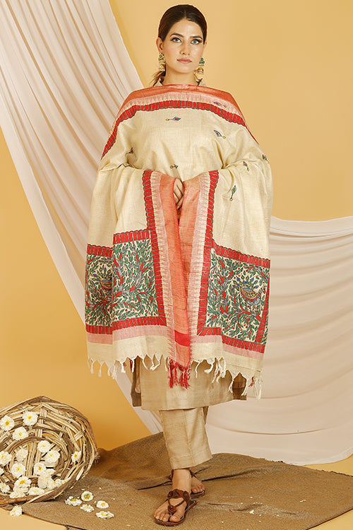Madhubani Paints 'Mayuri' Madhubani Handpainted Pure Handloom Cotton Dupatta