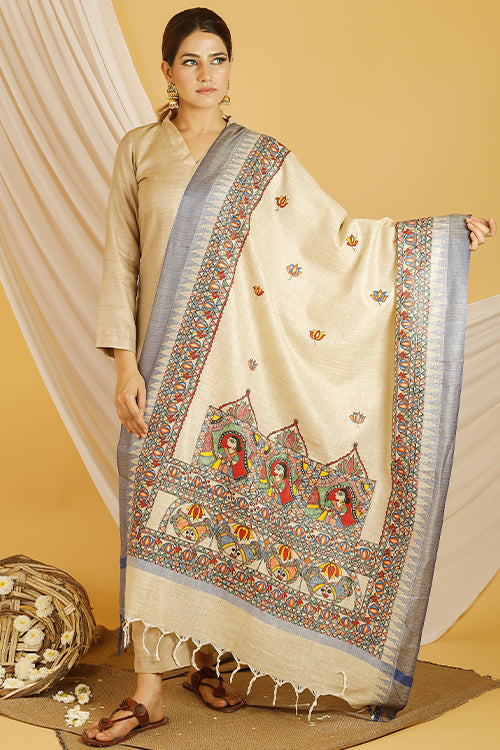 Madhubani Paints 'Doli Fish' Madhubani Handpainted Pure Handloom Cotton Dupatta