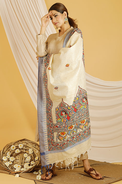 Madhubani Paints 'Doli Fish' Madhubani Handpainted Pure Handloom Cotton Dupatta