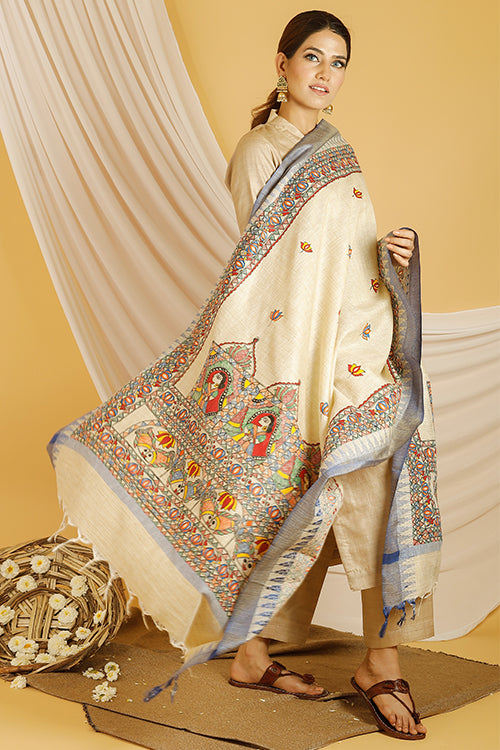 Madhubani Paints 'Doli Fish' Madhubani Handpainted Pure Handloom Cotton Dupatta