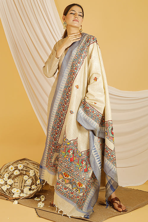 Madhubani Paints 'Doli Fish' Madhubani Handpainted Pure Handloom Cotton Dupatta