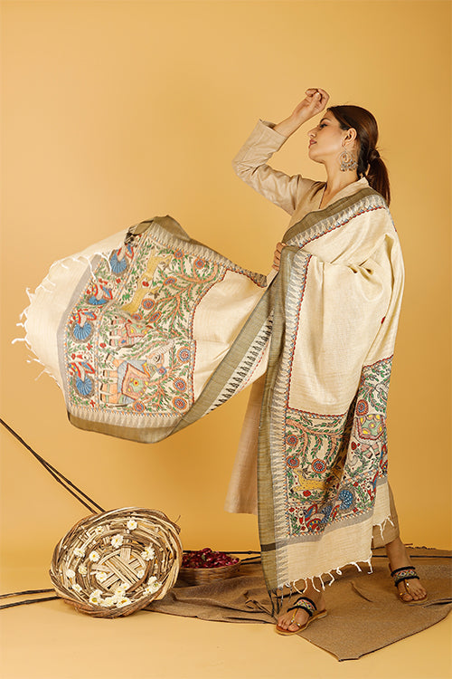 Ele Vrindavan Tussar Silk Madhubani Dupatta Online