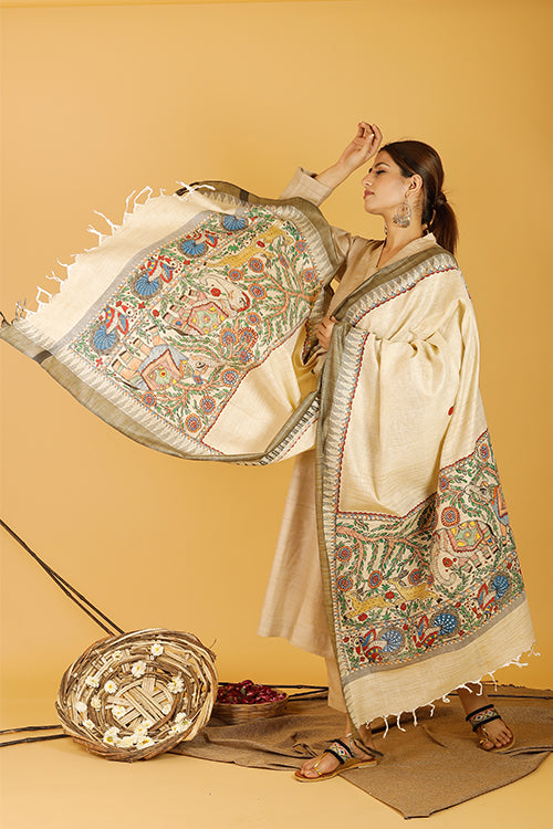 Madhubani Paints 'Ele Vrindavan' Madhubani Handpainted Pure Handwoven Cotton Dupatta
