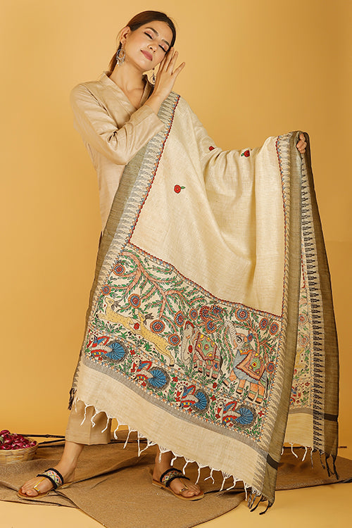 Madhubani Paints 'Ele Vrindavan' Madhubani Handpainted Pure Handwoven Cotton Dupatta