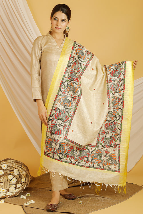 Madhubani Paints 'Matsya' Madhubani Handpainted Pure Handloom Cotton Dupatta