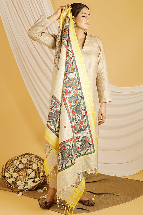 Madhubani Paints 'Matsya' Madhubani Handpainted Pure Handloom Cotton Dupatta