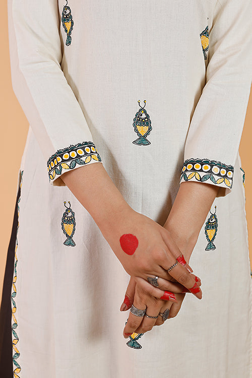 Gubbaro Handpainted Madhubani Surmai Cotton White Kurti For Women Online