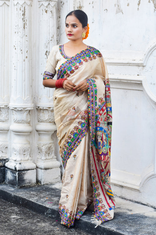 Madhubani Paints Handpainted Madhubani 'Katyayani' Tussar Silk Saree