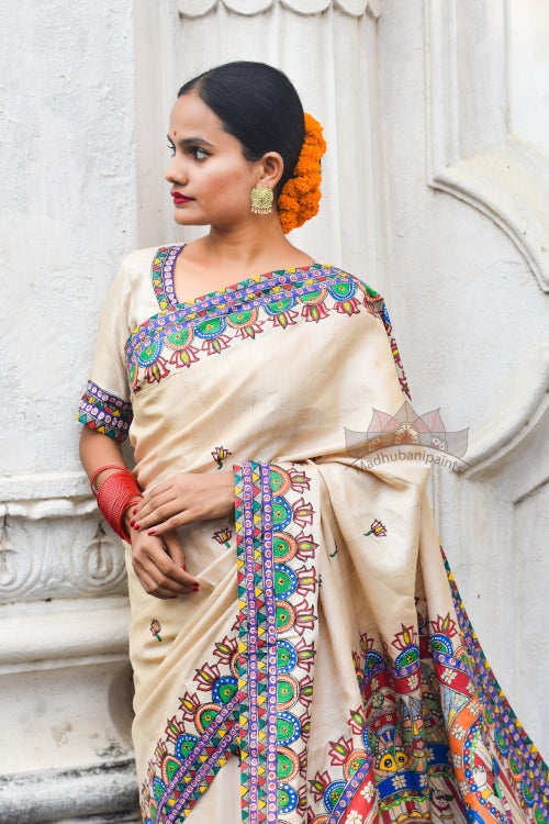 Katyayani Hand Painted Tussar Silk Madhubani Paints Saree Online