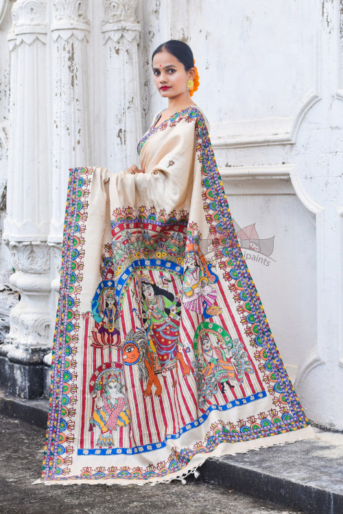 Katyayani Hand Painted Tussar Silk Madhubani Paints Saree Online