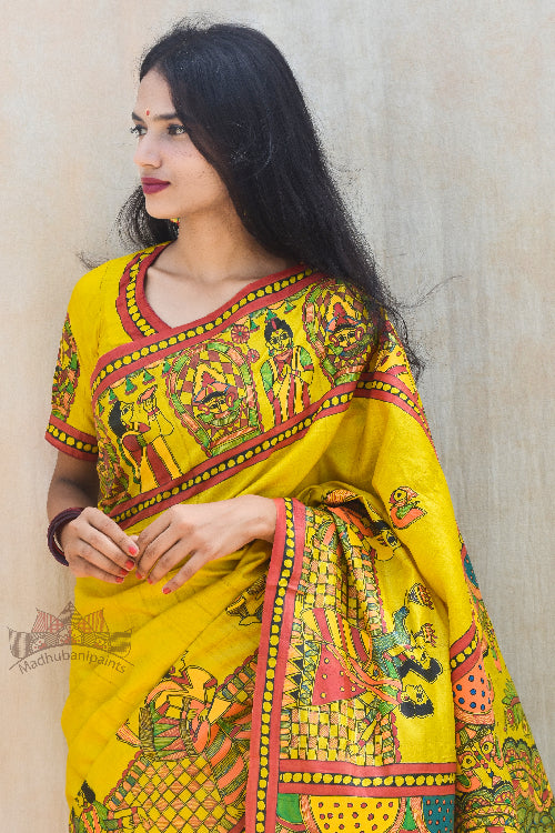 Divyani Hand Painted Tussar Silk Madhubani Paints Saree Online