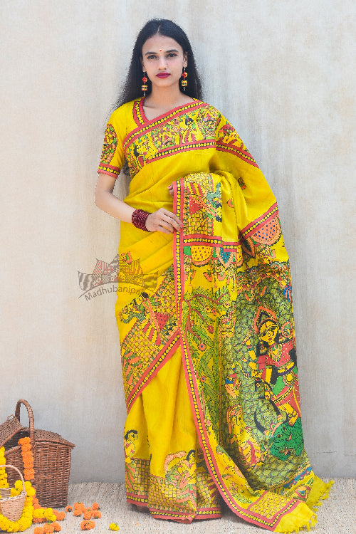 Divyani Hand Painted Tussar Silk Madhubani Paints Saree Online