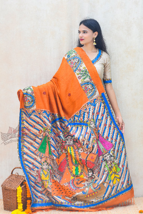 Madhubani Paints Handpainted Madhubani 'Bhavya Durga' Tussar Silk Saree
