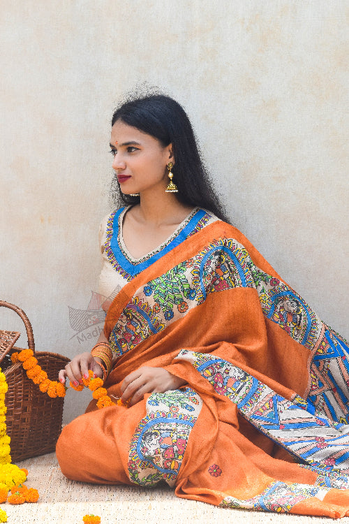 Madhubani Paints Handpainted Madhubani 'Bhavya Durga' Tussar Silk Saree