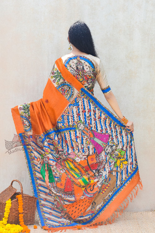 Bhavya Durga Hand Painted Tussar Silk Madhubani Paints Saree Online