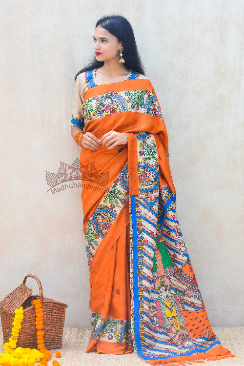 Bhavya Durga Hand Painted Tussar Silk Madhubani Paints Saree Online
