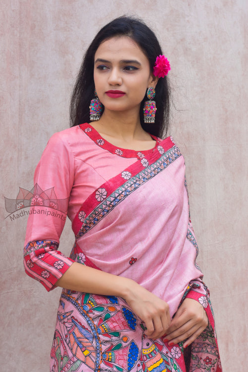 Madhubani Paints Handpainted Madhubani 'Gulabi Doli' Tussar Silk Blouse