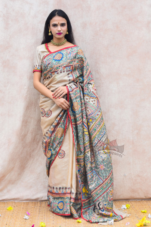 Ramayana Hand Painted Tussar Silk Madhubani Paints Saree Online