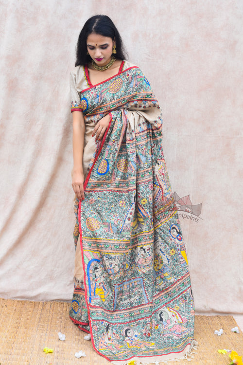 Ramayana Hand Painted Tussar Silk Madhubani Paints Saree Online