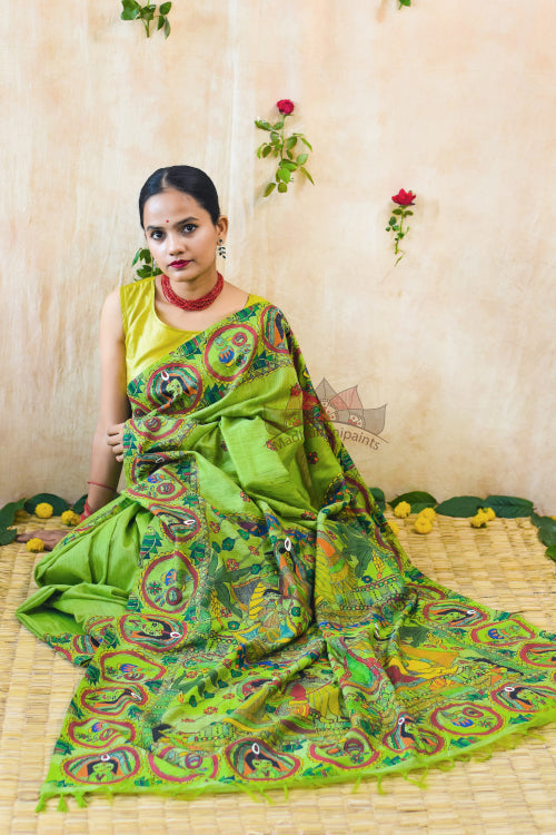 Bengali Wedding Hand Painted Tussar Silk Madhubani Paints Saree Online