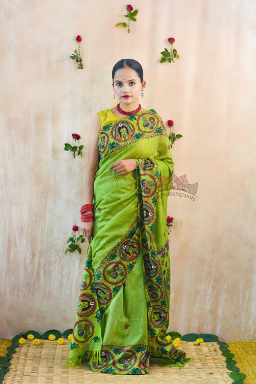 Bengali Wedding Hand Painted Tussar Silk Madhubani Paints Saree Online