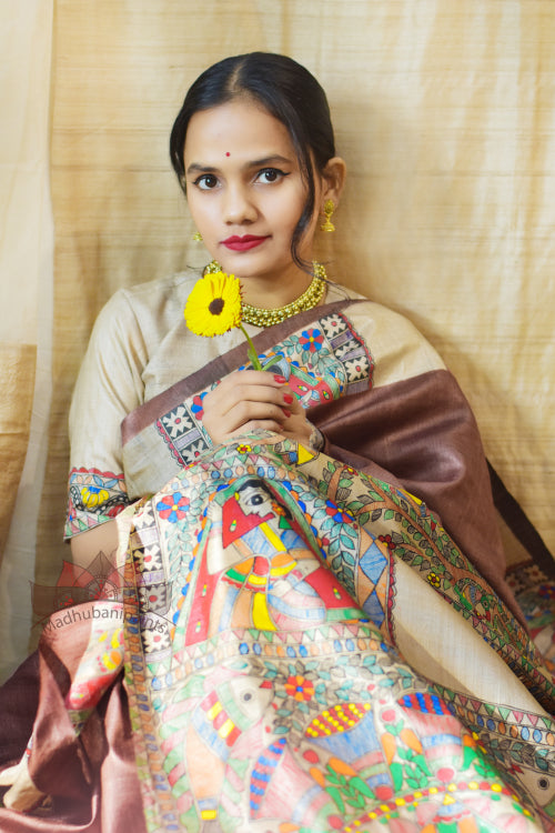 Madhubani Paints Handpainted Madhubani 'Mithila Kohbar' Brown Tussar Silk Saree