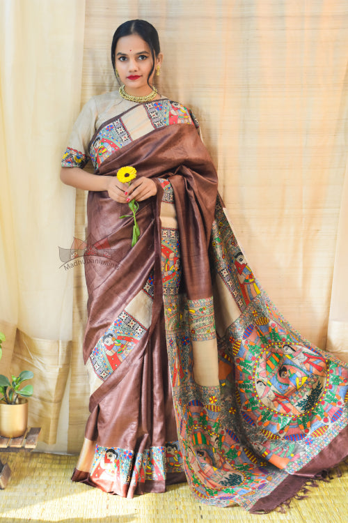 Madhubani Paints Handpainted Madhubani 'Mithila Kohbar' Brown Tussar Silk Saree