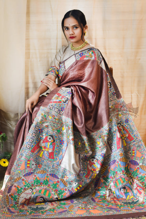 Mithila Kohbar Hand Painted Tussar Silk Madhubani Paints Saree Online