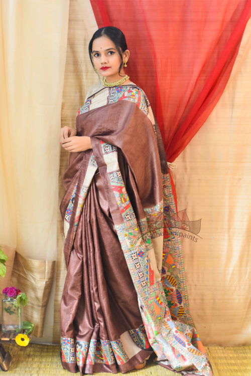 Madhubani Paints Handpainted Madhubani 'Mithila Kohbar' Brown Tussar Silk Saree